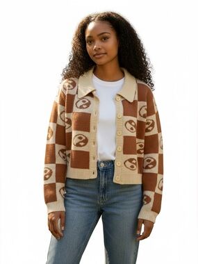 EARTHBOUND Checker Knit Cardigan Sweater in Cream & Brown
